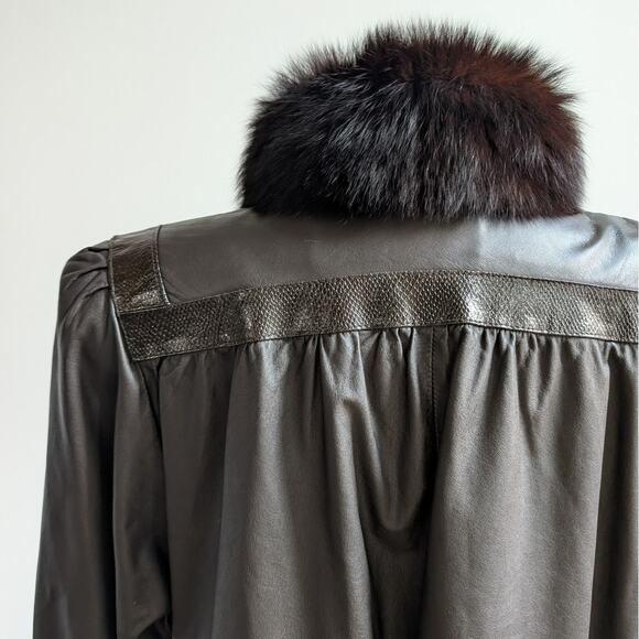 Vintage Black Leather Trench Coat Fur Penny Lane Jacket Goth Minimalist Large - Picture 3 of 11